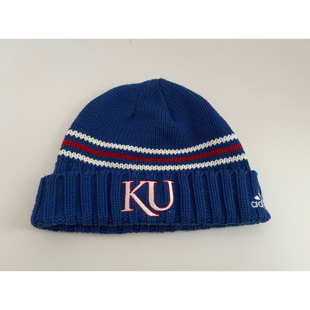 Adidas Kansas Jayhawks KU Beanie Hat Blue Knit Cuffed Striped One Size